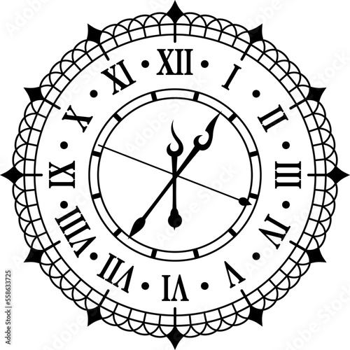 Vintage watch face roman numerals ornate antique design with spear arrows monochrome line vector