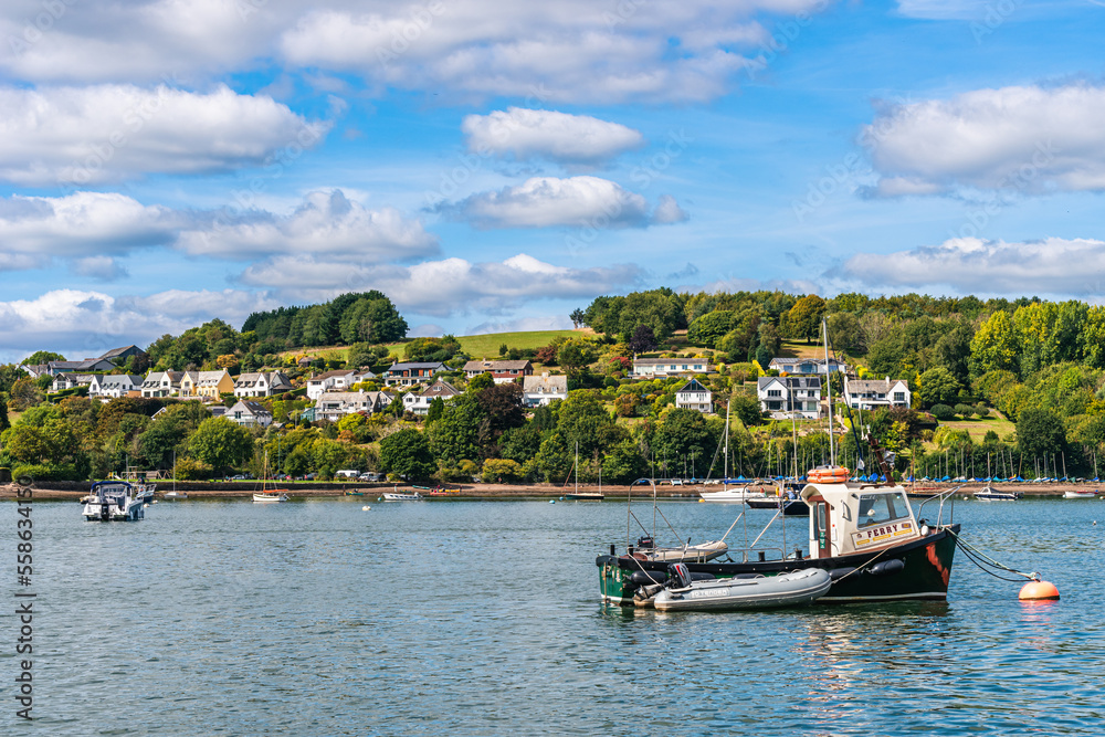 Boats and Yachts on River Dart over Dittisham and Greenway Quay, Devon, England
