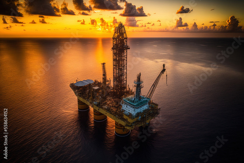 Fototapete Aerial shot of a jack up drilling rig at an offshore area at dusk