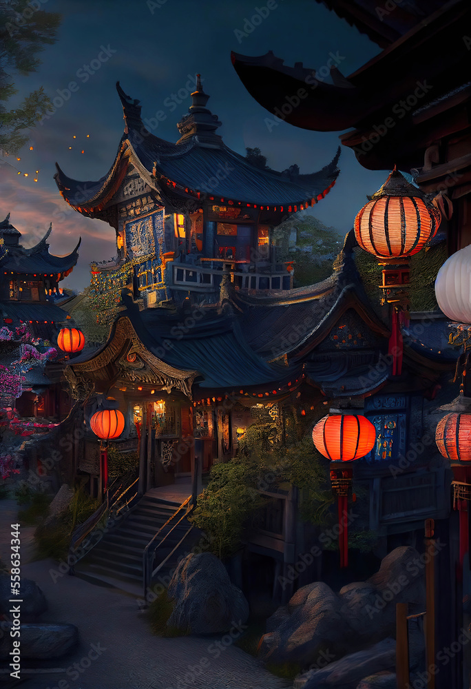 Beautiful chinese houses with decorative rooves with glowing orange lanterns, Chinese Lantern Festival, twilight scene, Generative AI