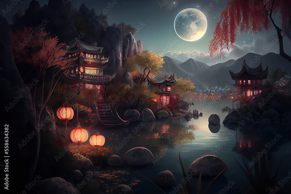 Beautiful landscape with traditional chinese houses, lake and chinese lanterns, twilight scene with the full moon in the sky, Generative AI