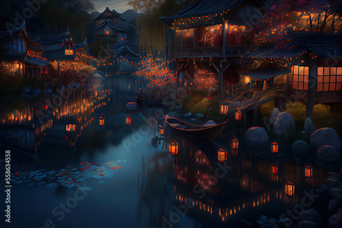 Chinese lake village decorated for the Chinese Lantern Festival, twilight, Generative AI