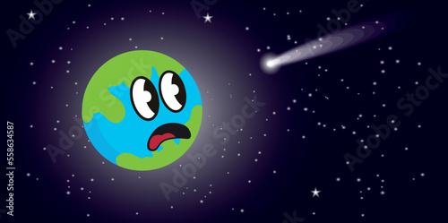 cartoon planet earth mascot looking scared at the approaching comet. Vector illustration