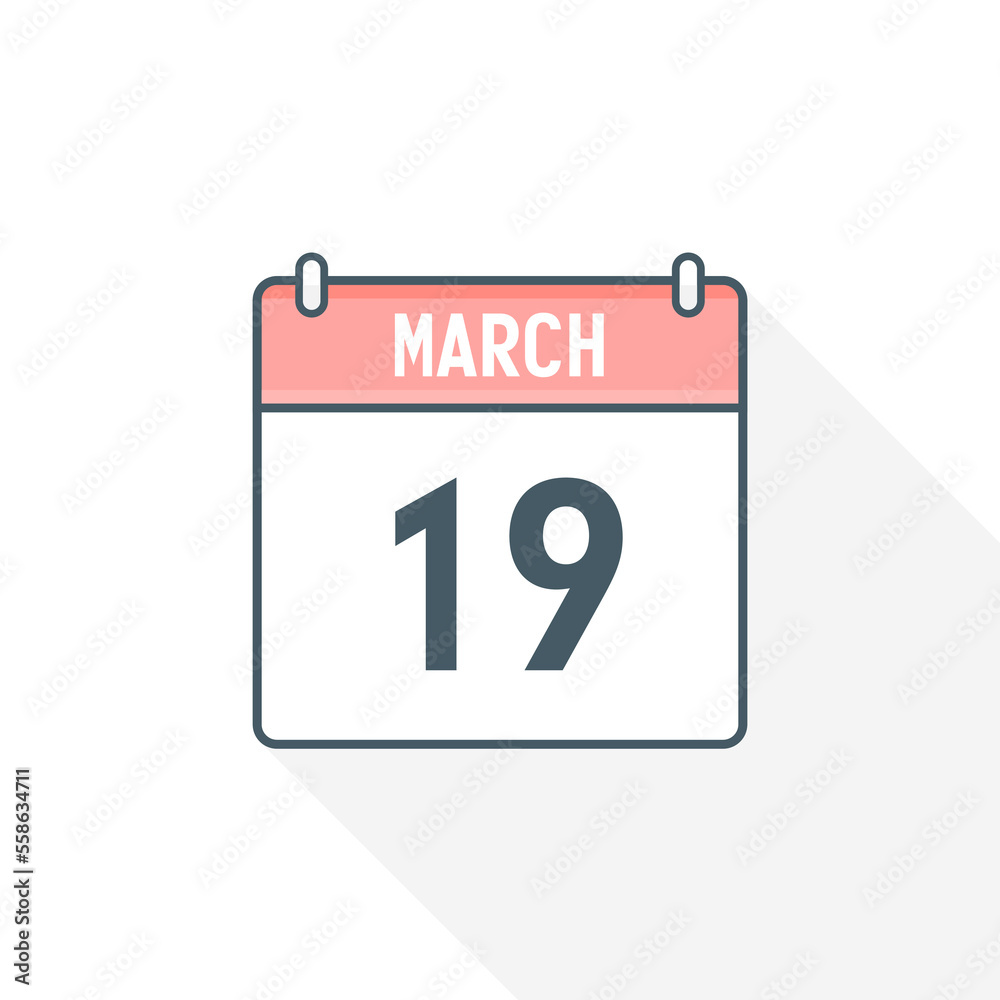 19th March calendar icon. March 19 calendar Date Month icon vector illustrator 19th March calendar icon. March 19 calendar Date Month icon vector illustrator