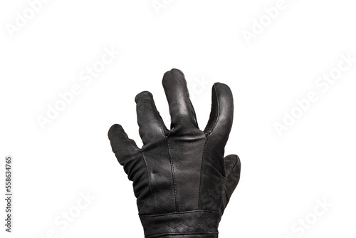 grabbing hand with leather glove isolated transparent background, burglar creepy hand open fist stealing. Black leather glove isolated