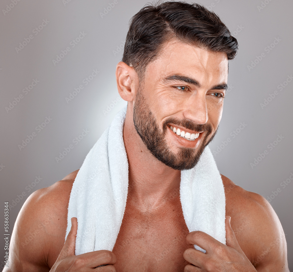 Man with towel, beauty and face with skincare, hygiene and self care ...