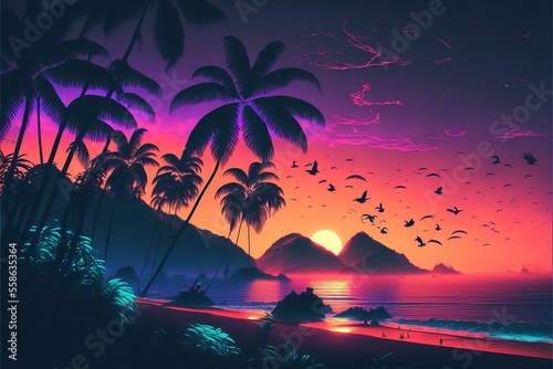 3D Illustration of a Beautiful colorful sunset on tropical ocean beach with palm trees and leaves. Generative Ai.