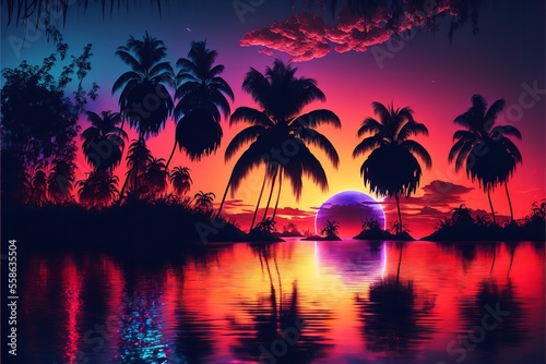 3D Illustration of a Beautiful colorful sunset on tropical ocean beach with palm trees and leaves. Generative Ai.