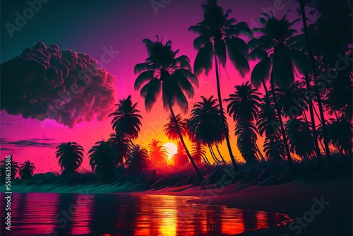 Tropical islands with palm trees, flowers, and birds. Generative Ai.