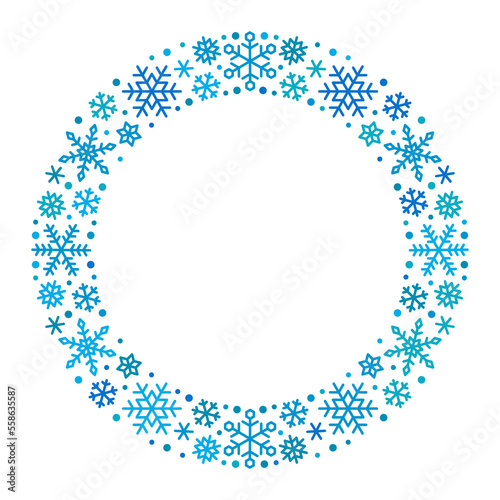 Round frame made of blue snowflakes on white background. Decorative element for Christmas and New Year design. Vector illustration