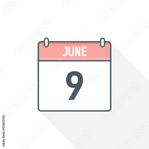 9th June calendar icon. June 9 calendar Date Month icon vector illustrator
