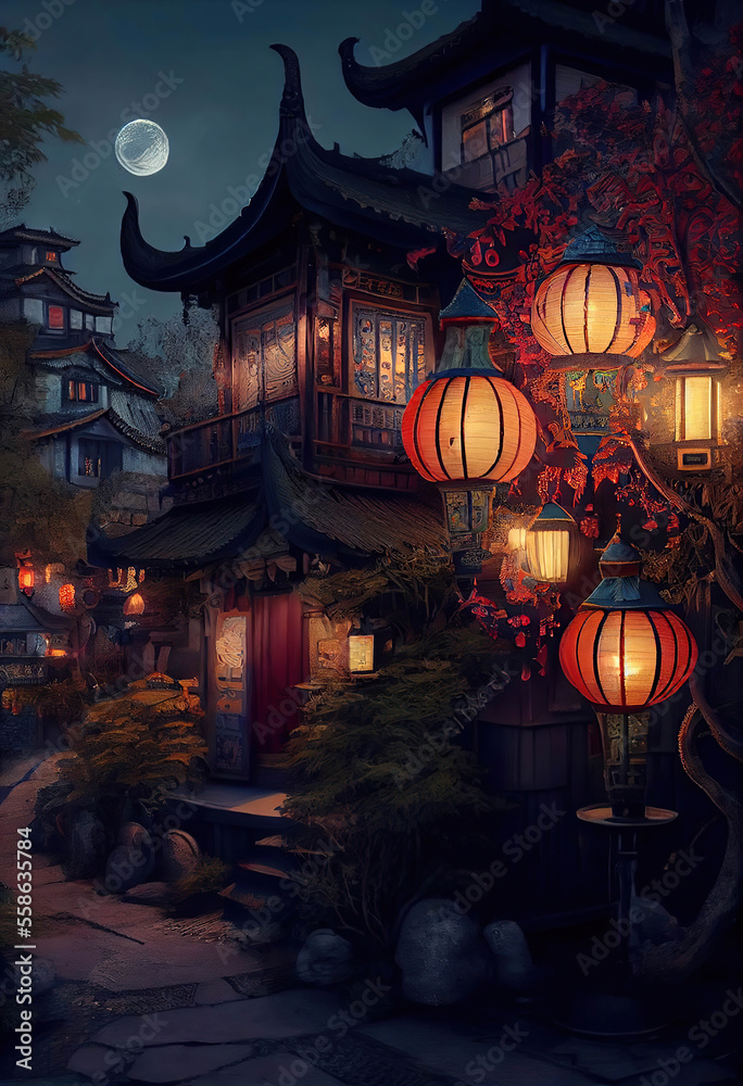 Beautiful traditional chinese house with a decorative roof before the Chinese Lantern Festival, glowing Chinese lanterns, night scene with the moon, Generative AI