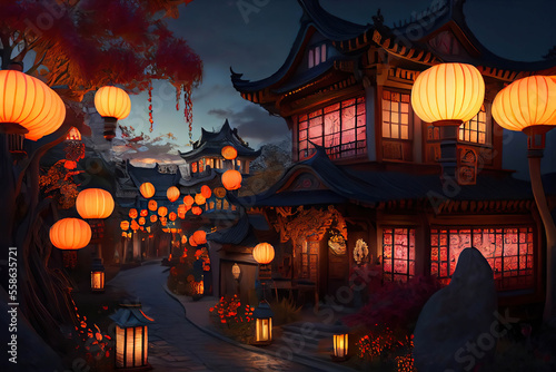 Beautiful little chinese town with many glowing chinese lanterns, Chinese Lantern Festival, twilight scene, Generative AI