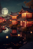 Beautiful traditional chinese houses by the lake, twilight scene with the full moon, reflection in water, Generative AI