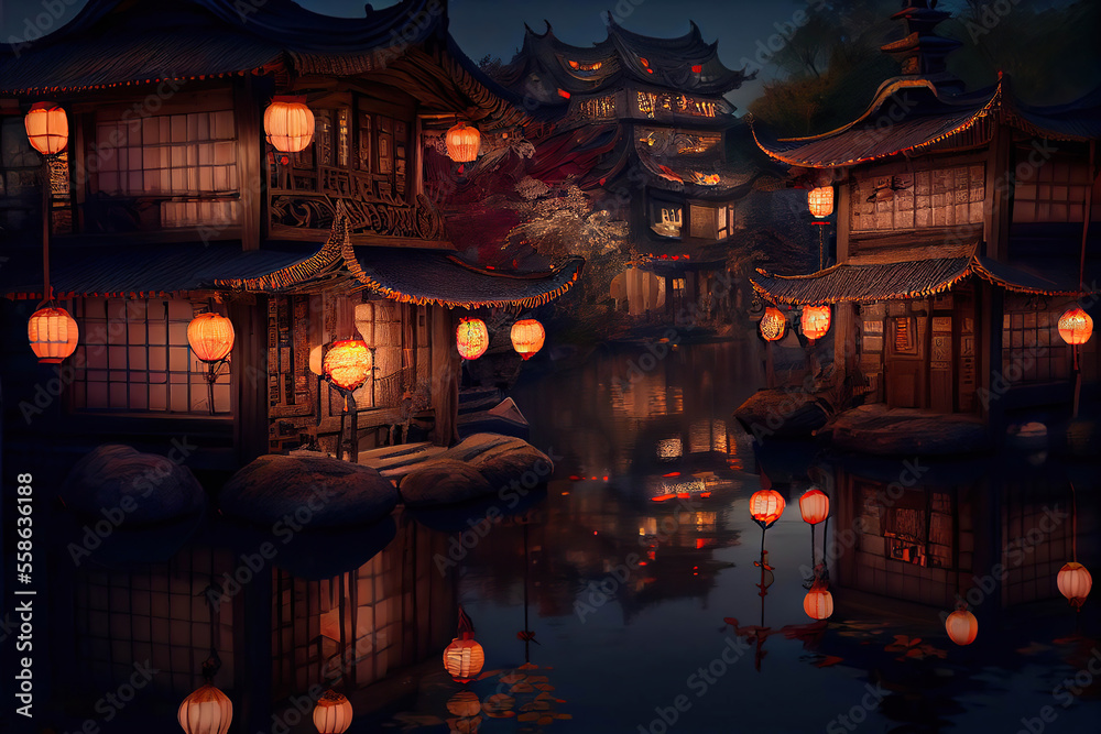 Beautiful chinese village on the lake with glowing lanterns, Chinese Lantern Festival, night scene, reflection in water, Generative AI