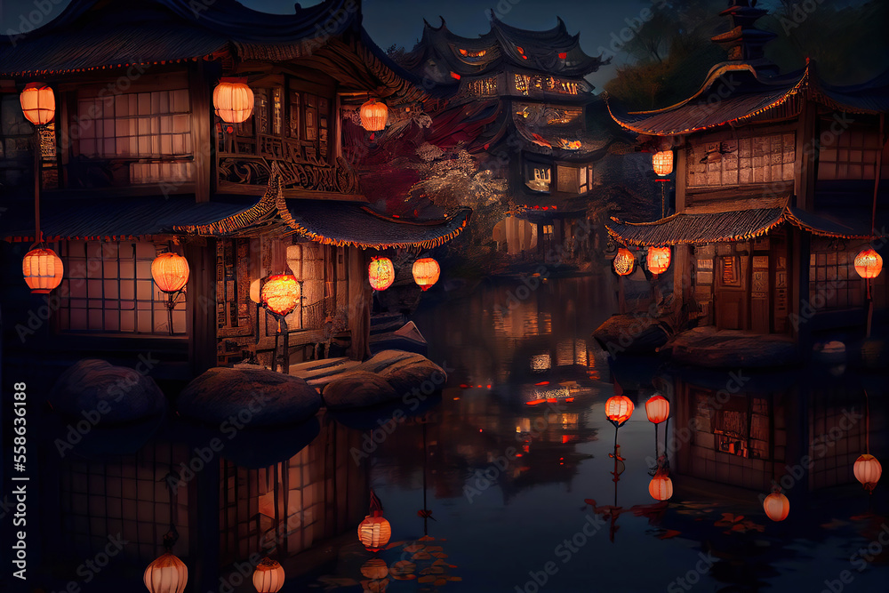 Fototapeta premium Beautiful chinese village on the lake with glowing lanterns, Chinese Lantern Festival, night scene, reflection in water, Generative AI