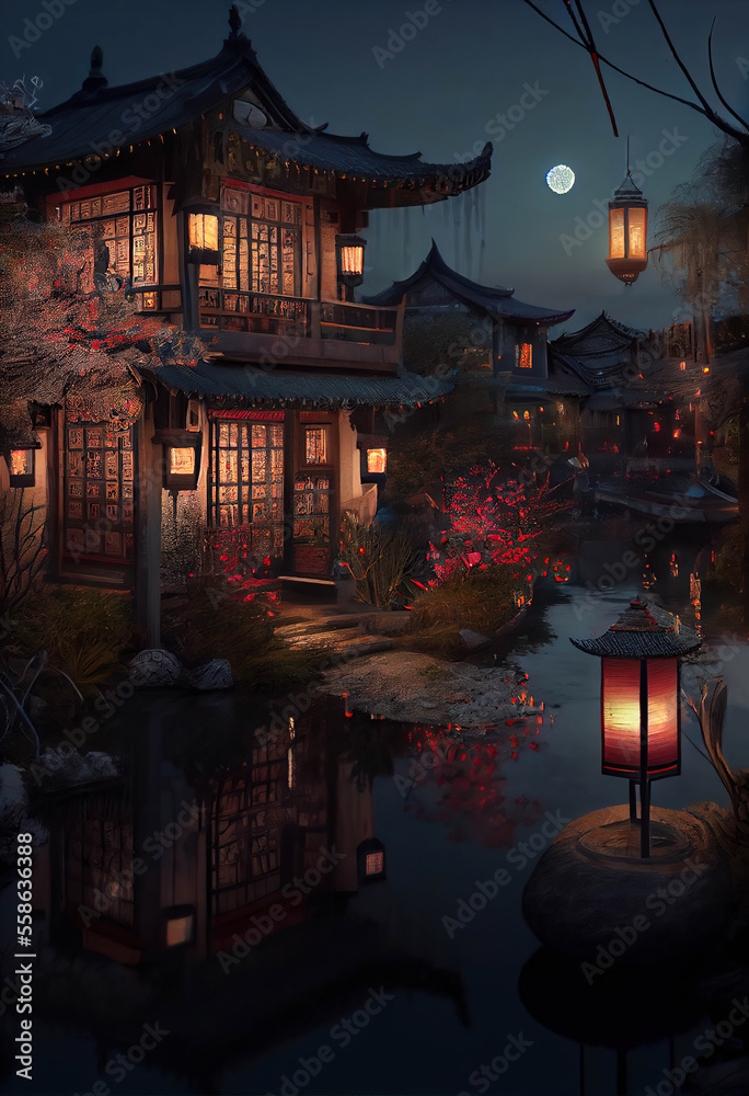 Beautiful traditional chinese house near the lake with lanterns, twilight, moon in the sky, Generative AI