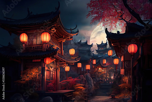 Beautiful chinese town with traditional chinese houses decorated for the Chinese Lantern Festival, glowing Chinese lanterns, night scene with the moon, Generative AI