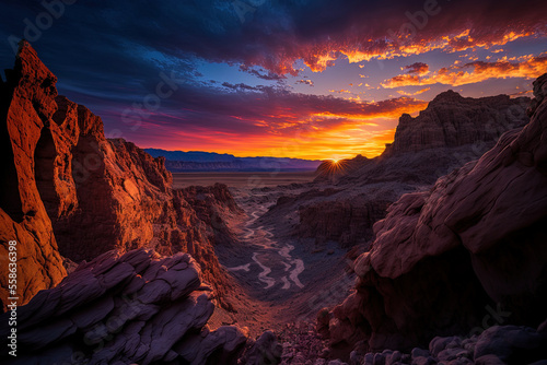Vertical image of a magnificent sunset over the barren landscape. Generative AI © 2rogan