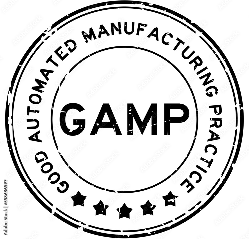 Grunge black GAMP Good Automated Manufacturing Practice word round rubber seal stamp on white background