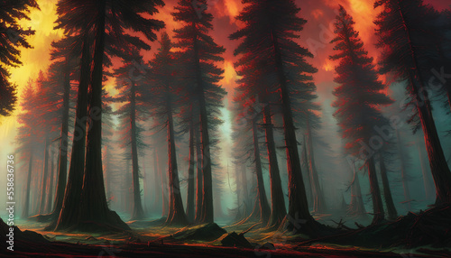 An abstract  eerie depiction of a dark  foreboding forest. Generative AI