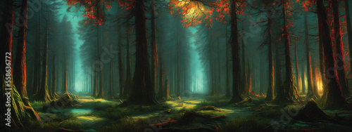 An abstract, eerie depiction of a dark, foreboding forest. Generative AI
