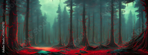 An abstract, eerie depiction of a dark, foreboding forest. Generative AI