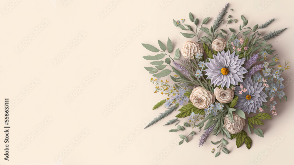 Floral arrangement, pastel flowers and green leaves on clean background. Flat lay, top view, copy space