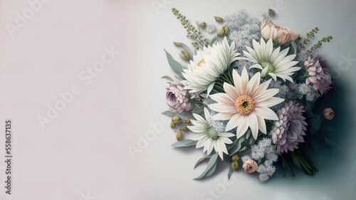 Floral arrangement, pastel flowers and green leaves on clean background. Flat lay, top view, copy space photo