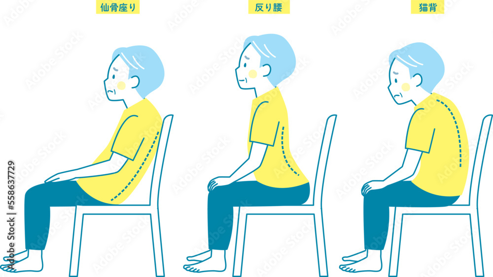 シニア男性の座った悪い姿勢のイラストセット