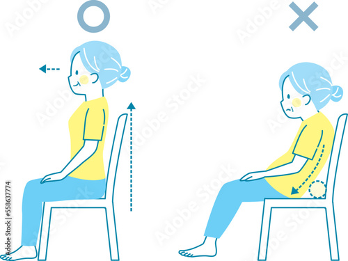 椅子に座るシニア女性の良い姿勢と悪い姿勢の比較