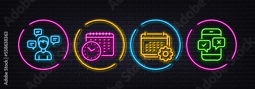 Calendar time, Conversation messages and Calendar minimal line icons. Neon laser 3d lights. Phone survey icons. For web, application, printing. Clock, Communication, Schedule planner. Vector