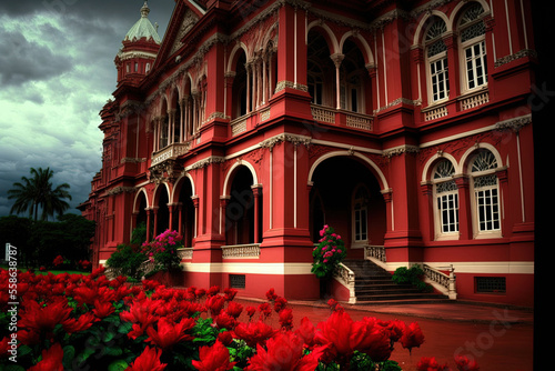 The Red House (Parliament Building) in Port of Spain, Trinidad and Tobago, is located on Abercromby Street. Imagination from Trinidad and Tobago 2006 50 dollars. Generative AI photo