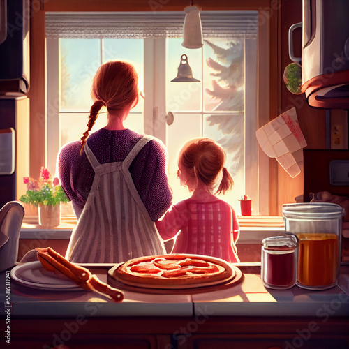 Mother and daughter bake pancakes in the kitchen in the morning. Generative AI photo