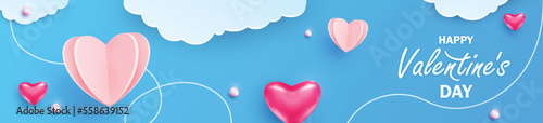 Happy Valentines day horizontal banner vector illustration with blue