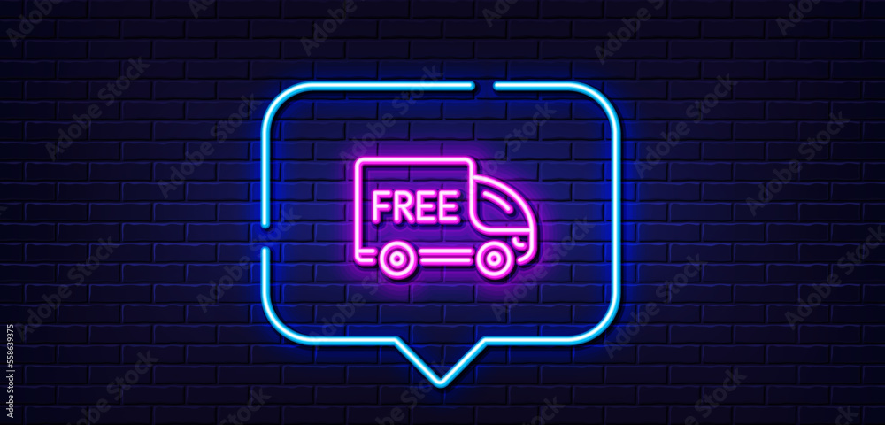 Neon light speech bubble. Free delivery line icon. Shopping truck sign. Clearance symbol. Neon light background. Free delivery glow line. Brick wall banner. Vector Neon light speech bubble. Free delivery line icon. Shopping truck sign. Clearance symbol. Neon light background. Free delivery glow line. Brick wall banner. Vector