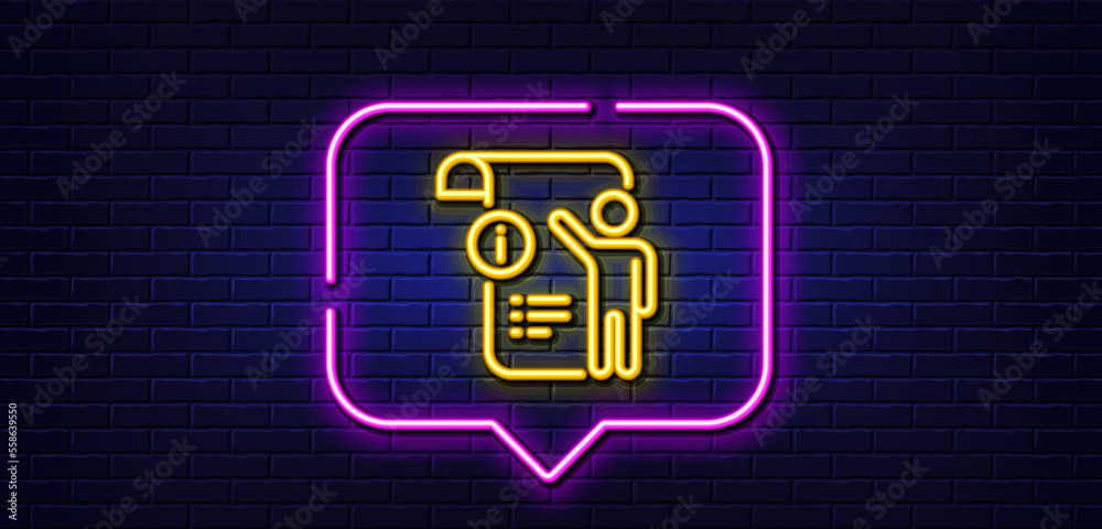 Neon light speech bubble. Manual doc line icon. Technical instruction sign. Neon light background. Manual doc glow line. Brick wall banner. Vector Neon light speech bubble. Manual doc line icon. Technical instruction sign. Neon light background. Manual doc glow line. Brick wall banner. Vector