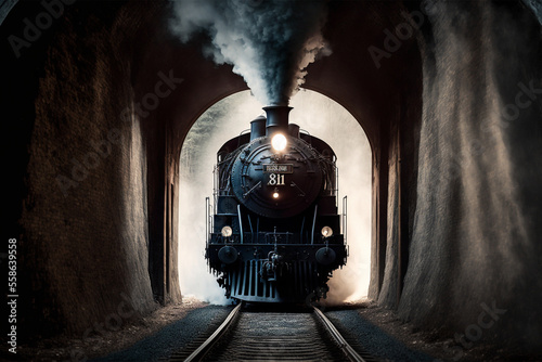 Generative AI illustration of old steam train in tunnel photo