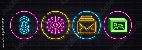 Shoulder strap, Mail and Artificial intelligence minimal line icons. Neon laser 3d lights. Image gallery icons. For web, application, printing. Star rank, New messages, All-seeing eye. Vector photo