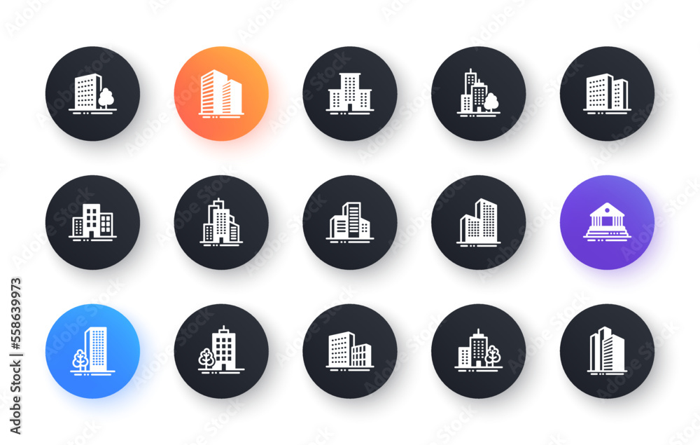 Buildings icons. Bank, Hotel, Courthouse. City, Real estate, Architecture buildings icons. Hospital, town house, museum. Urban architecture, city skyscraper. Classic set. Circle web buttons. Vector Buildings icons. Bank, Hotel, Courthouse. City, Real estate, Architecture buildings icons. Hospital, town house, museum. Urban architecture, city skyscraper. Classic set. Circle web buttons. Vector