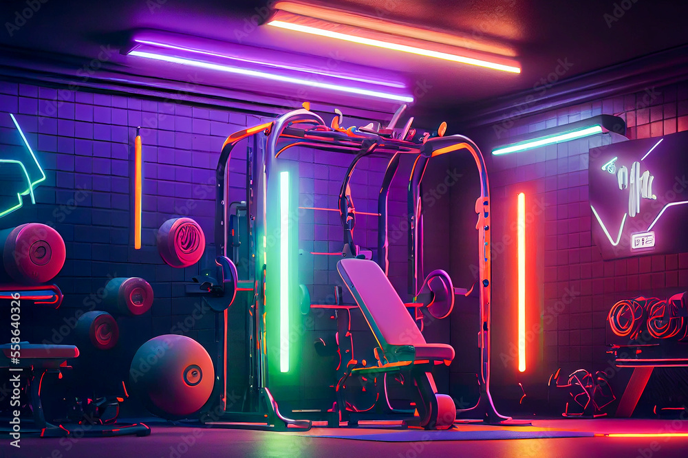 Modern gym interior with neon illumination, ai illustration Stock  Illustration | Adobe Stock