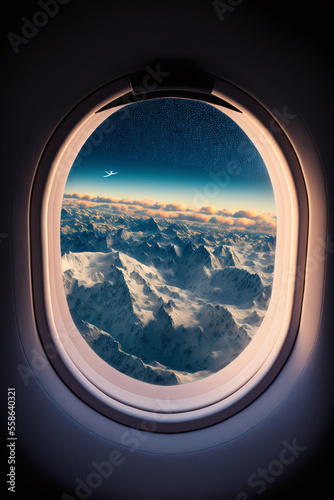 Generative Ai of an airplane window with mountains seen from above. 