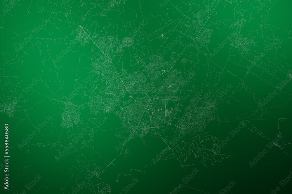 Map of the streets of Gaborone (Botswana) made with white lines on abstract green background lit by two lights. Top view. 3d render, illustration