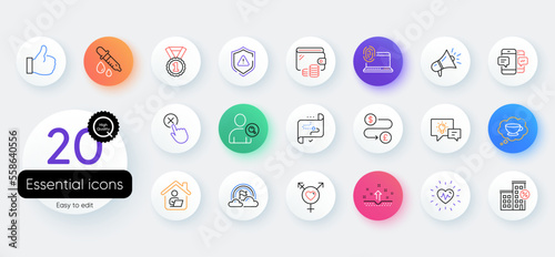 Simple set of Smartphone sms, Computer fingerprint and Best rank line icons. Include Money transfer, Like, Chemistry pipette icons. Find user, Genders, Lgbt web elements. Work home. Vector