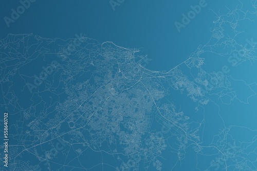 Map of the streets of Tangier (Morocco) made with white lines on blue paper. Rough background. 3d render, illustration
