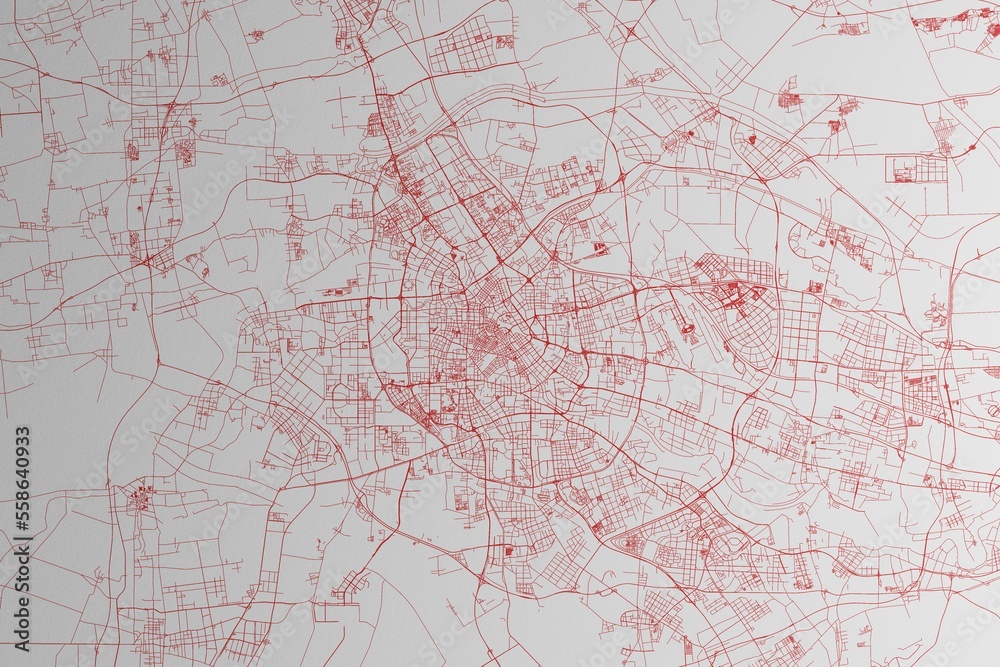 Map of the streets of Tianjin (China) made with red lines on white paper. 3d render, illustration