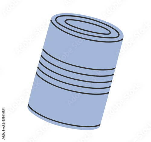 Hand drawn cute cartoon illustration of tincan. Flat vector aluminum tin can food container in simple colored doodle style. Canned food sticker, icon or print. Isolated on white background.