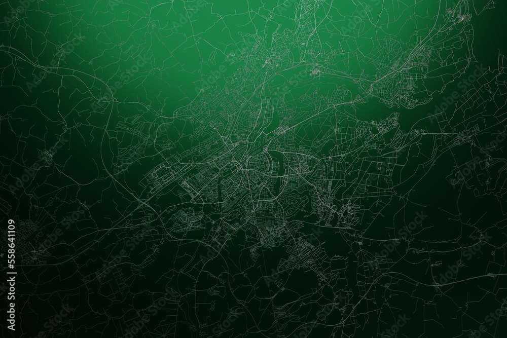 Street map of Lubeck (Germany) engraved on green metal background. Light is coming from top. 3d render, illustration