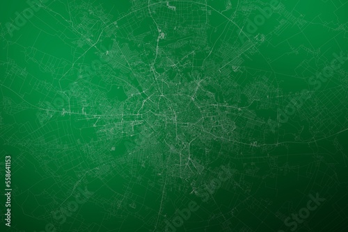 Map of the streets of Bucharest (Romania) made with white lines on abstract green background lit by two lights. Top view. 3d render, illustration