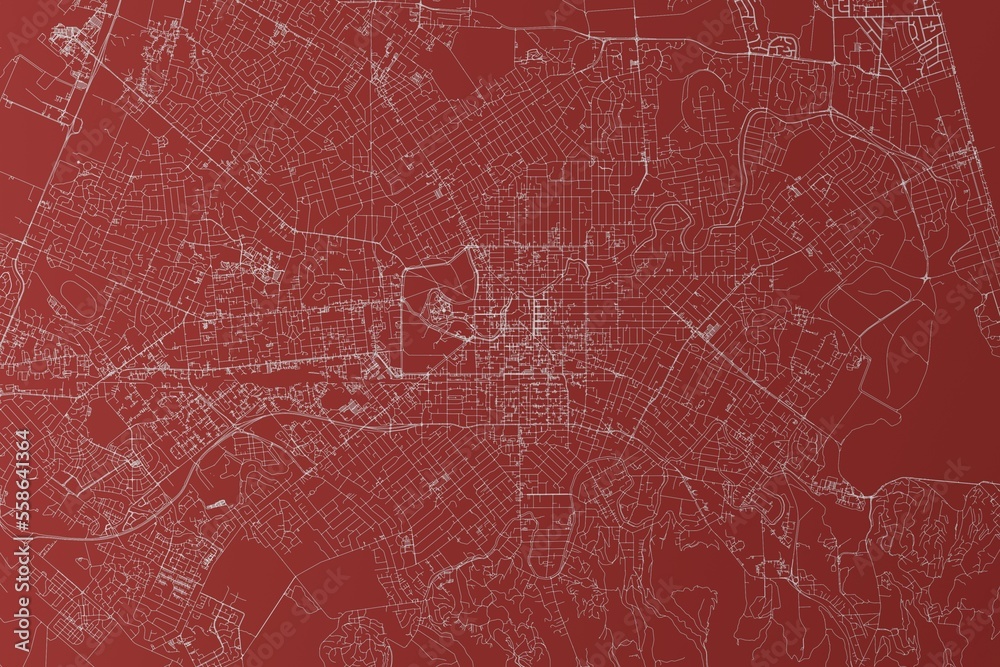 Map of the streets of Christchurch (New Zealand) made with white lines on red background. Top view. 3d render, illustration